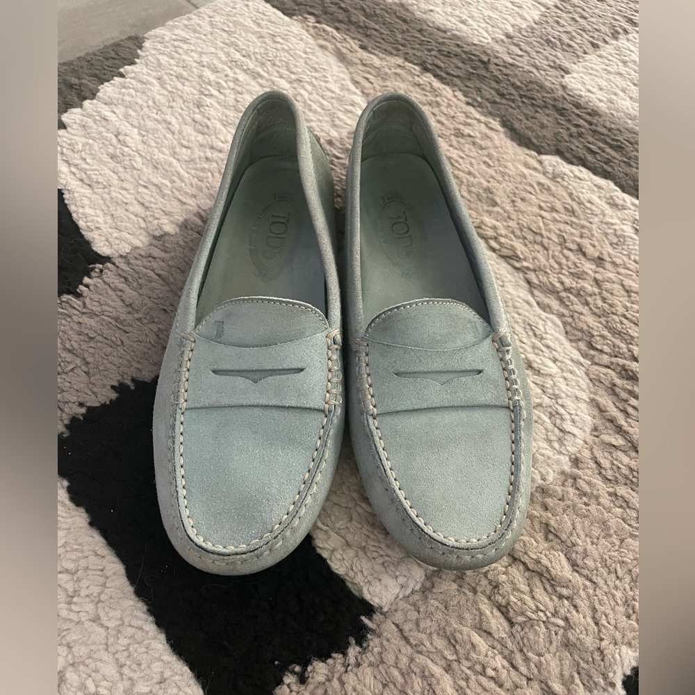 Tod's Light Blue Suede Penny Loafers